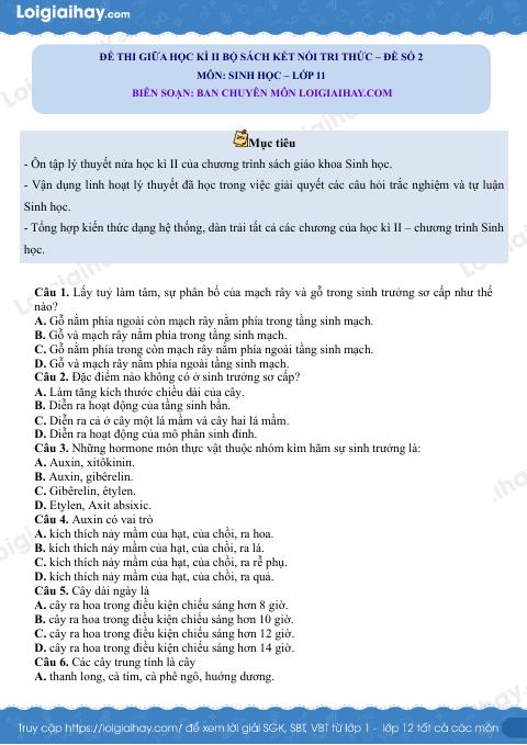 Đề thi giữa học kì 2 Sinh 11 Kết nối tri thức - Đề số 2